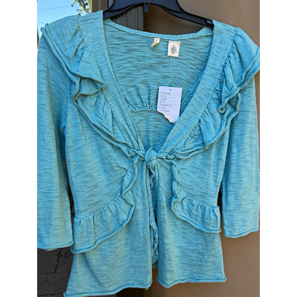 Anthropologie Moth Cardigan Medium NWT Aqua Blue Ruffle Tie Front Sweater